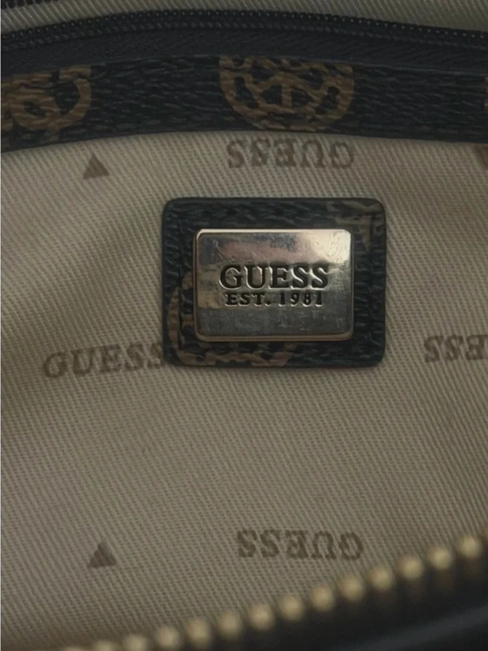 GUESS Brown Logo Monogram Satchel with Cream Panels
